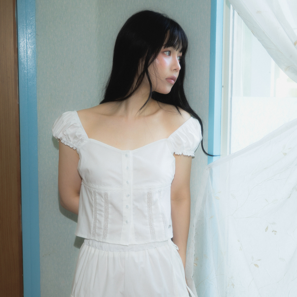 로제프란츠 레이스 셔링 크롭 블라우스 아이보리(Rosefrantz Lace Shirring Crop Blouse [Ivory]) - 4