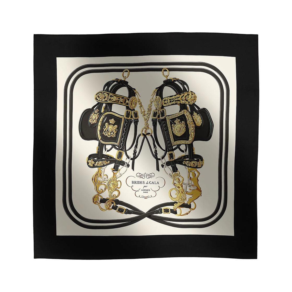 H001266S75 (W) Hermes Brides De Gala Forever Scarf 90 Silk Twill & Noir Creme Gold