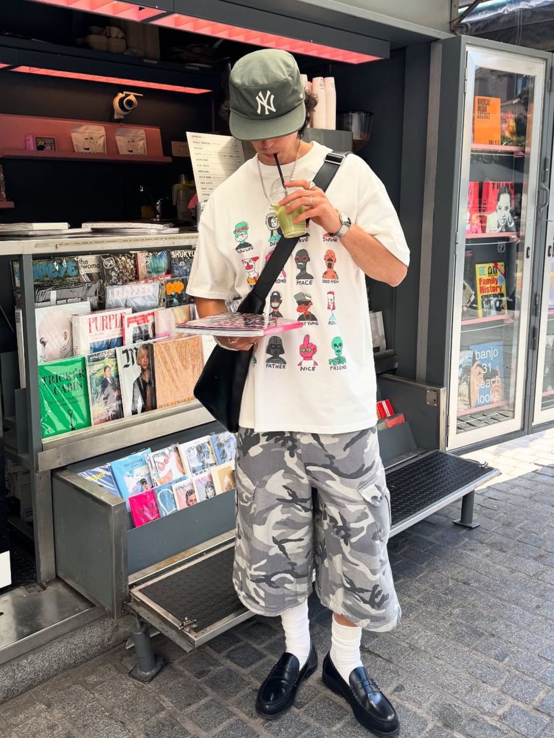 AMOU Camo One Tuck Bermuda Pants Charcoal, SLOW RECORD HOUSE Carpenter Bermuda Wide Camo Pants Vintage Green 착용 스타일 - 3