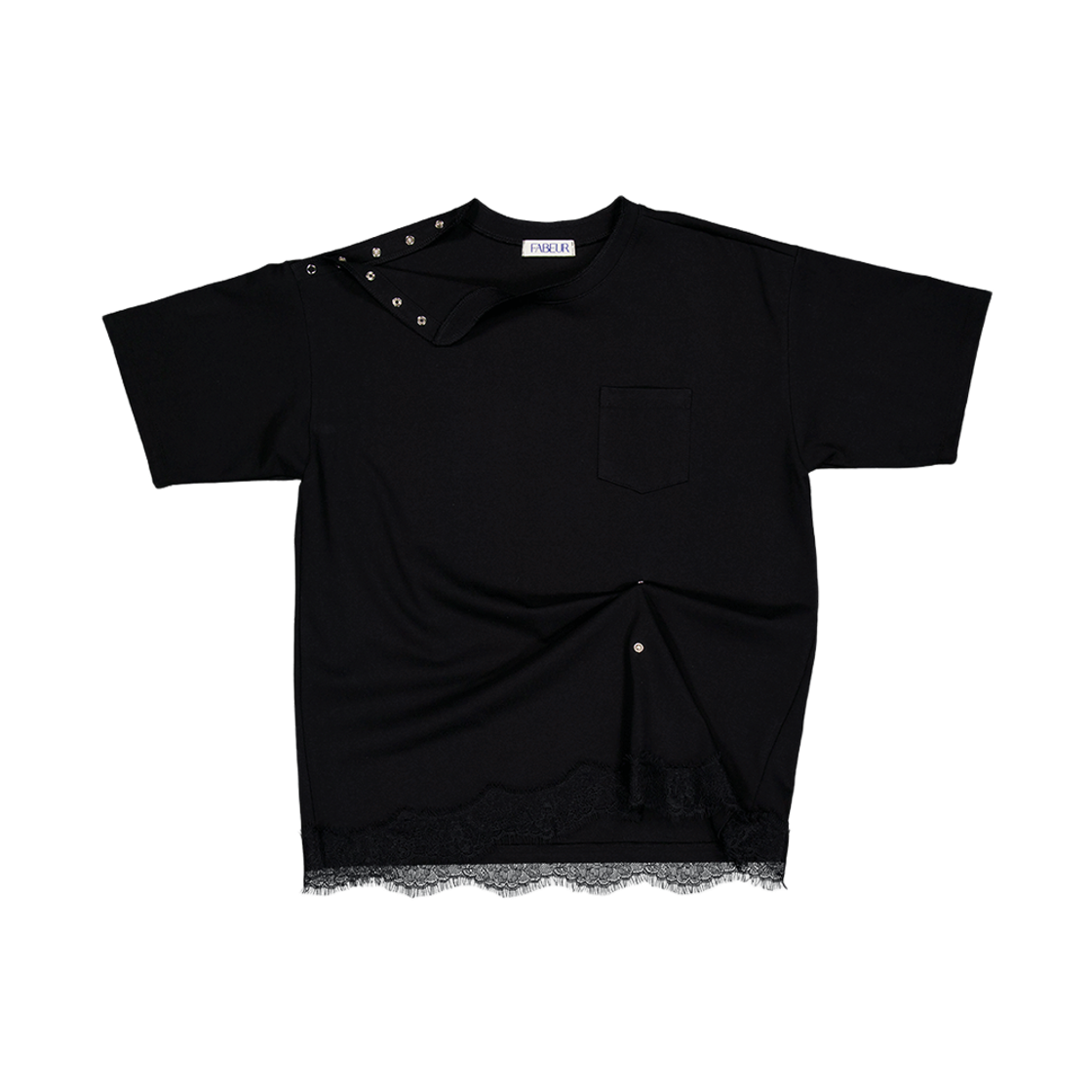 파버 스냅 디테일 레이스 티셔츠 블랙(FABEUR Snap Detail Lace T-Shirt Black)