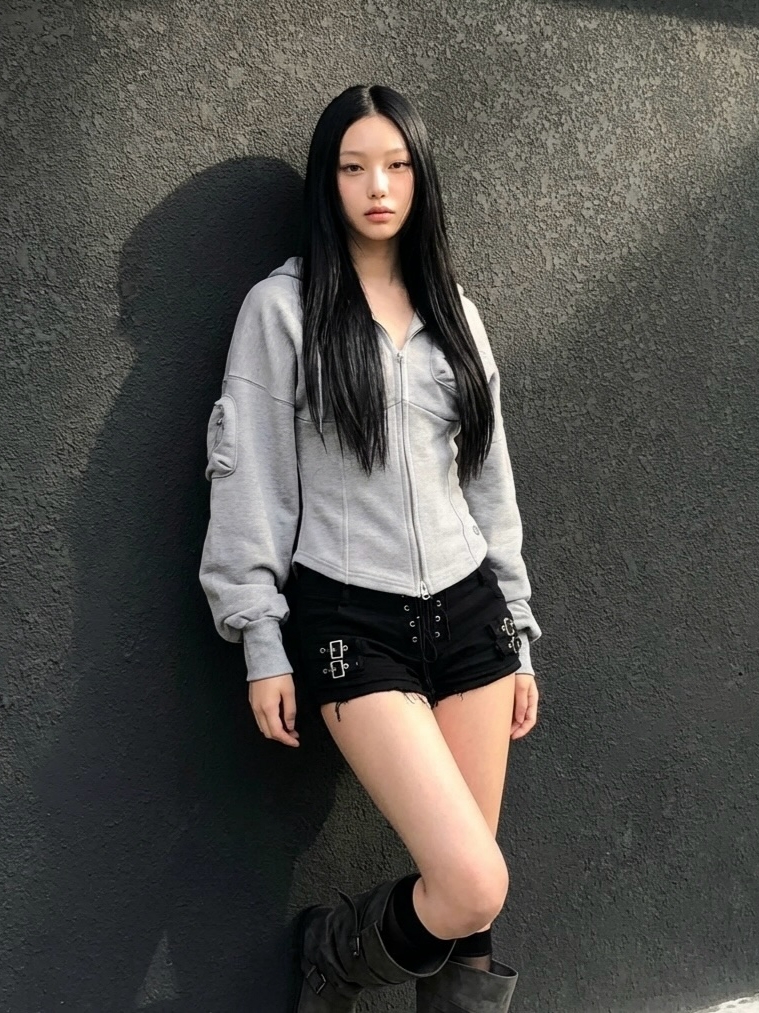 VOONT Jenny Corset Hood Zip-Up (GRAY), VOONT Eyelet Buckle Micro Shorts (BLACK) 착용 스타일 - 1