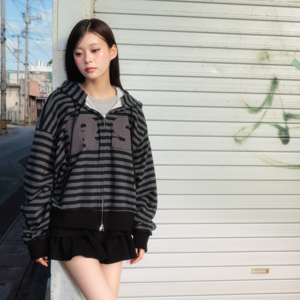 로제프란츠 패치 스트라이프 후드 집업 블랙(Rosefrantz Patch Stripe Hood Zip-Up [Black]) - 2