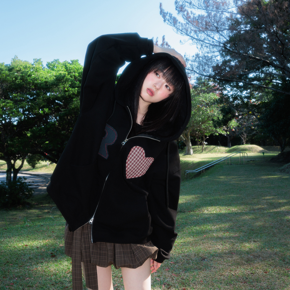 로제프란츠 하트 체크 오버핏 후드 집업 블랙(Rosefrantz Heart Check Overfit Hood Zip-Up [Black]) - 4