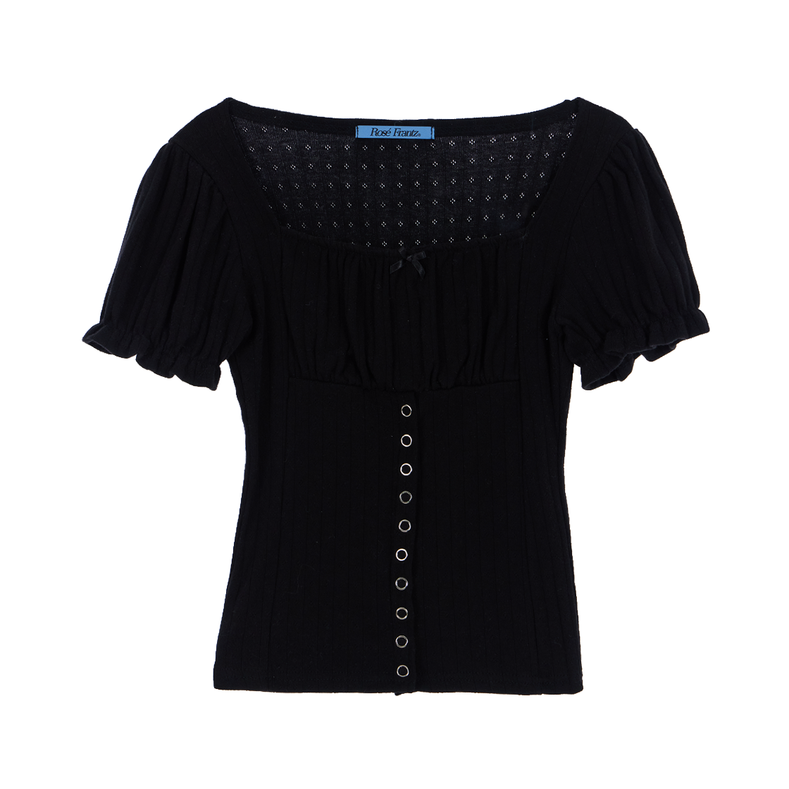 로제프란츠 퍼프 셔링 리본 티셔츠 블랙(Rosefrantz Puff Shirring Ribbon T-shirt [Black])