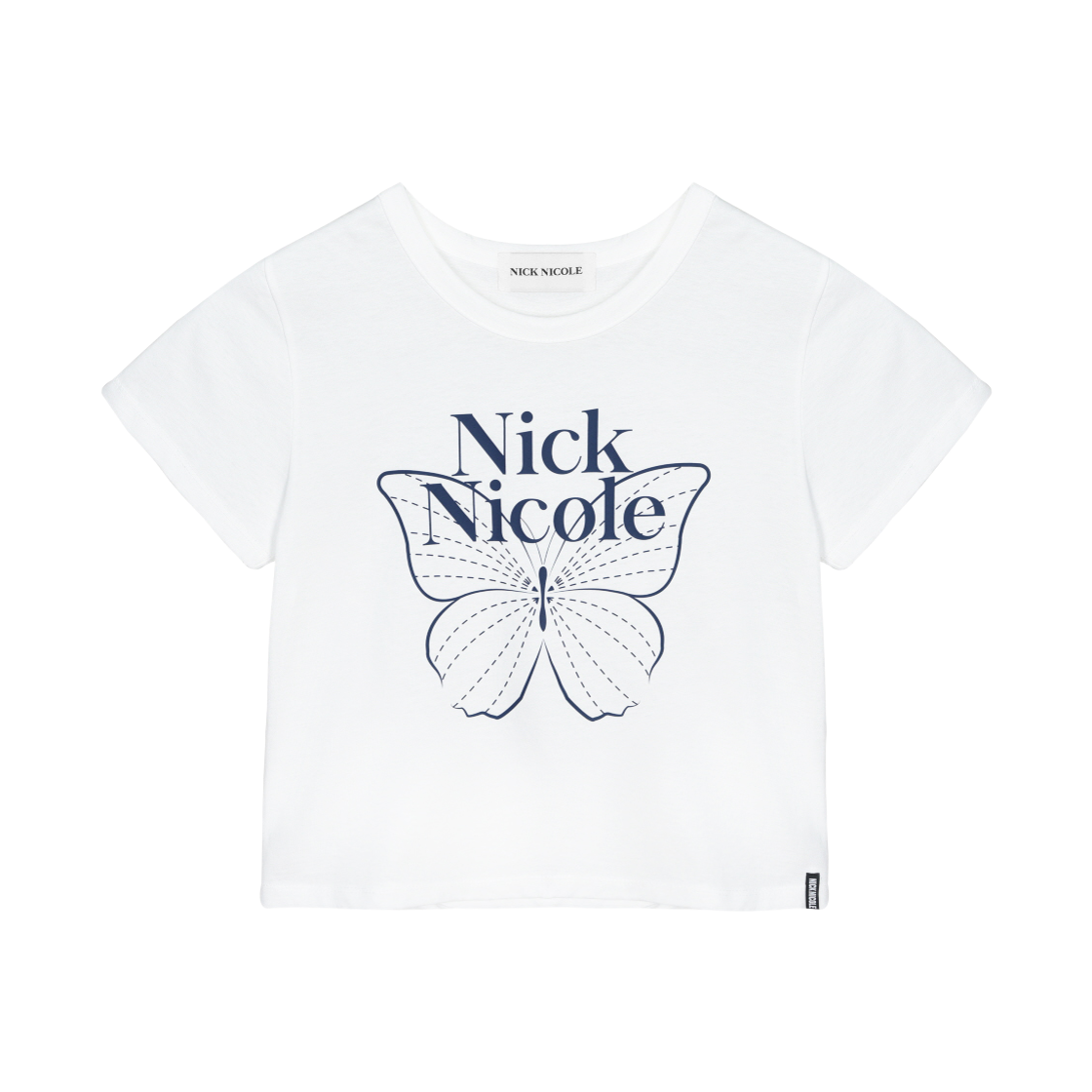 닉앤니콜 버터플라이 시그니처 크롭 탑 화이트 네이비(NICK&NICOLE Butterfly Signature Crop Top White Navy)