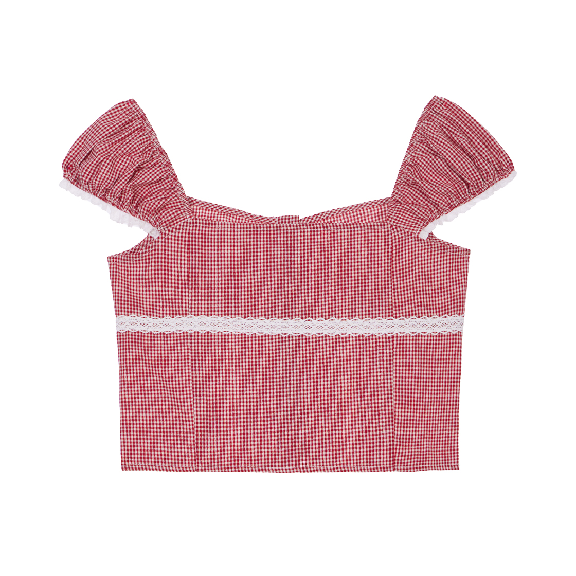 로제프란츠체크 셔링 크롭 블라우스 레드(Rosefrantz Check Shirring Crop Blouse [Red]) - 4