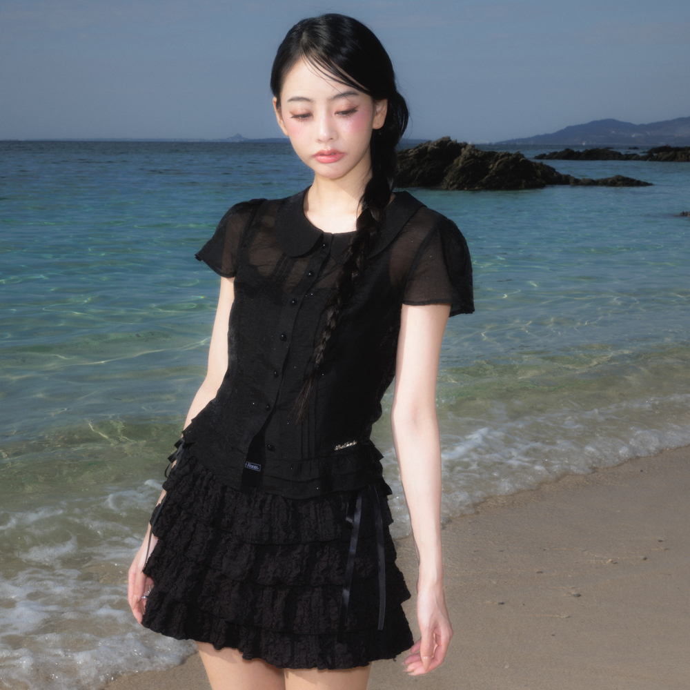 로제프란츠 시스루 플리츠 반팔 블라우스 블랙(Rosefrantz See-through Pleat Short Sleeved Blouse [Black]) - 5