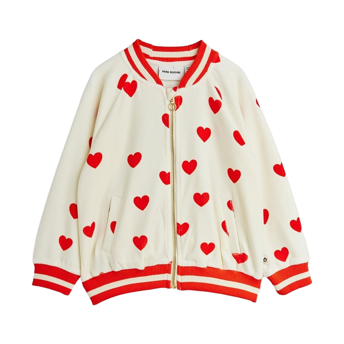 (키즈) 미니 로디니 하트 벨루어 베이스볼 가디건 화이트((Kids) Mini Rodini Hearts Velour Baseball Cardigan White)