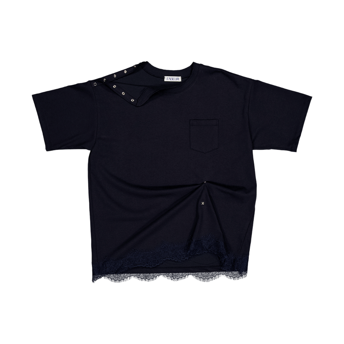 파버 스냅 디테일 레이스 티셔츠 네이비(FABEUR Snap Detail Lace T-Shirt Navy)