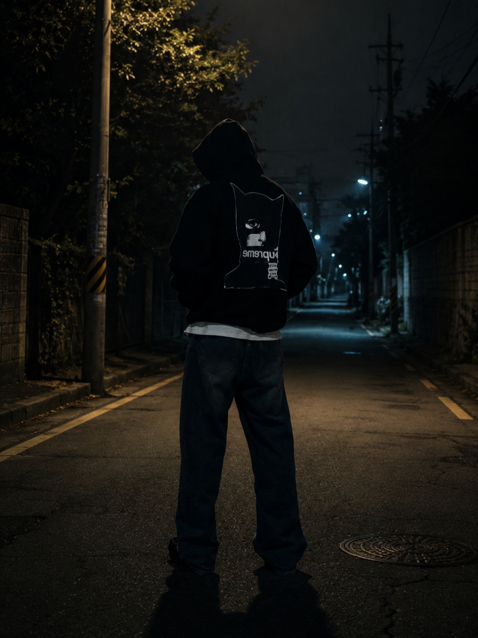 Supreme Catwoman Hooded Sweatshirt Black - 23FW, GU Real Leather Moccasin Shoes Black 착용 스타일