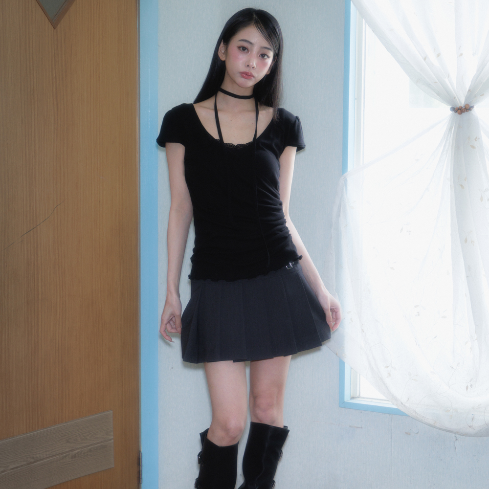 로제프란츠 코사지 셔링 타이 티셔츠 블랙(Rosefrantz Corsage Shirring Tie T-shirt [Black]) - 3