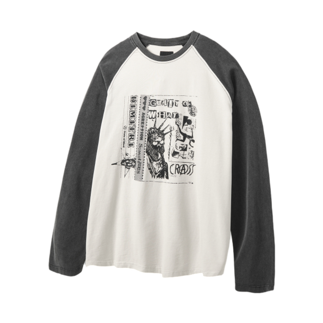 디미트리블랙 래글런 컬러 블록 피그먼트 아트워크 티셔츠 크림 블랙(Dimitri Black Raglan Color Block Pigment Artwork T-Shirt Cream Black)