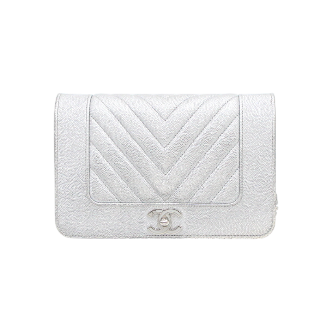 IT3F4WG34F8V Chanel Silver Metal Caviar Chevron Mademoiselle WOC Silver Chain Crossbody Bag
