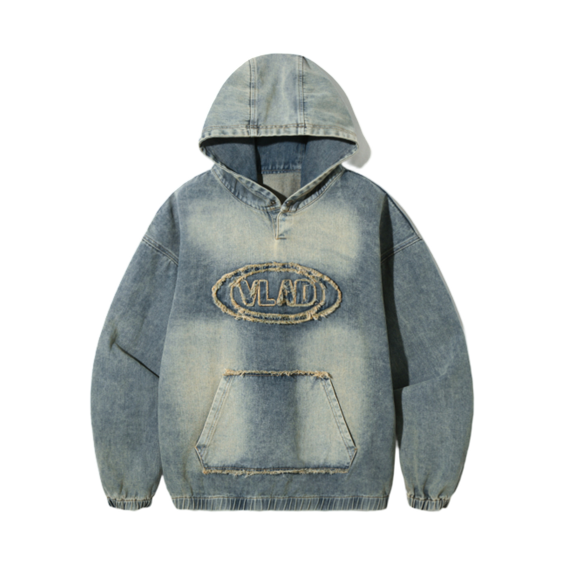 디미트리블랙 VLAD 데님 아플리케 후드 스웨트셔츠 더스트 인디고(Dimitri Black VLAD Denim Applique Hooded Sweatshirt Dust Indigo)