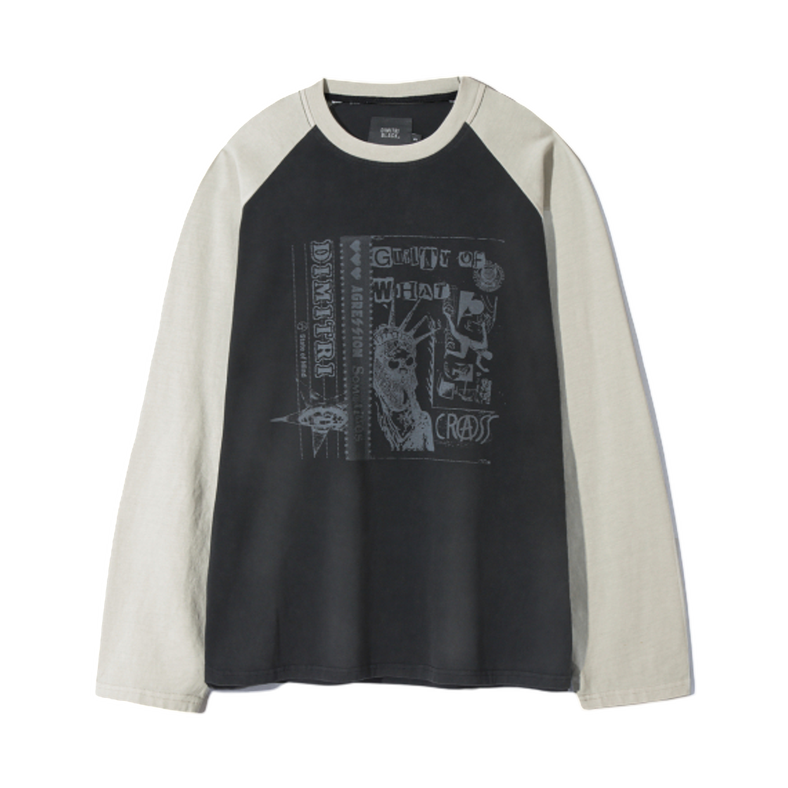 디미트리블랙 래글런 컬러 믹스드 피그먼트 아트워크 티셔츠 차콜 크림(Dimitri Black Raglan Color Mixed Pigment Artwork T-Shirt Charcoal Cream)