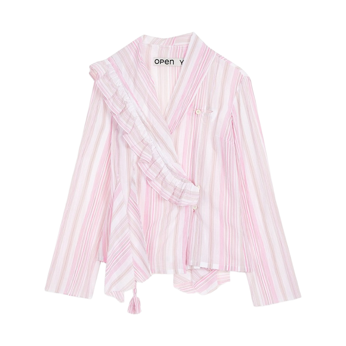 (W) 오픈 Yy 언밸런스드 러플 스트라이프 블라우스 핑크((W) Open Yy Unbalanced Ruffle Stripe Blouse Pink)
