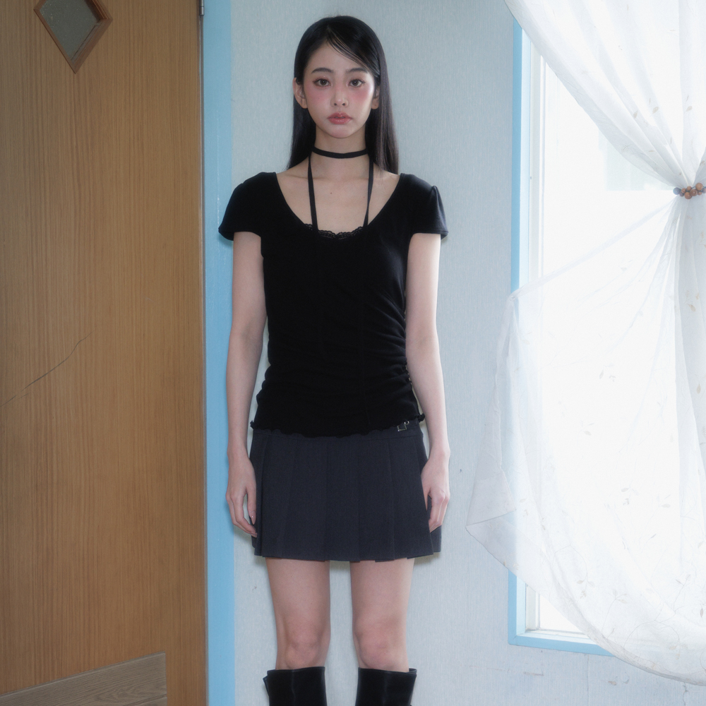로제프란츠 코사지 셔링 타이 티셔츠 블랙(Rosefrantz Corsage Shirring Tie T-shirt [Black]) - 2
