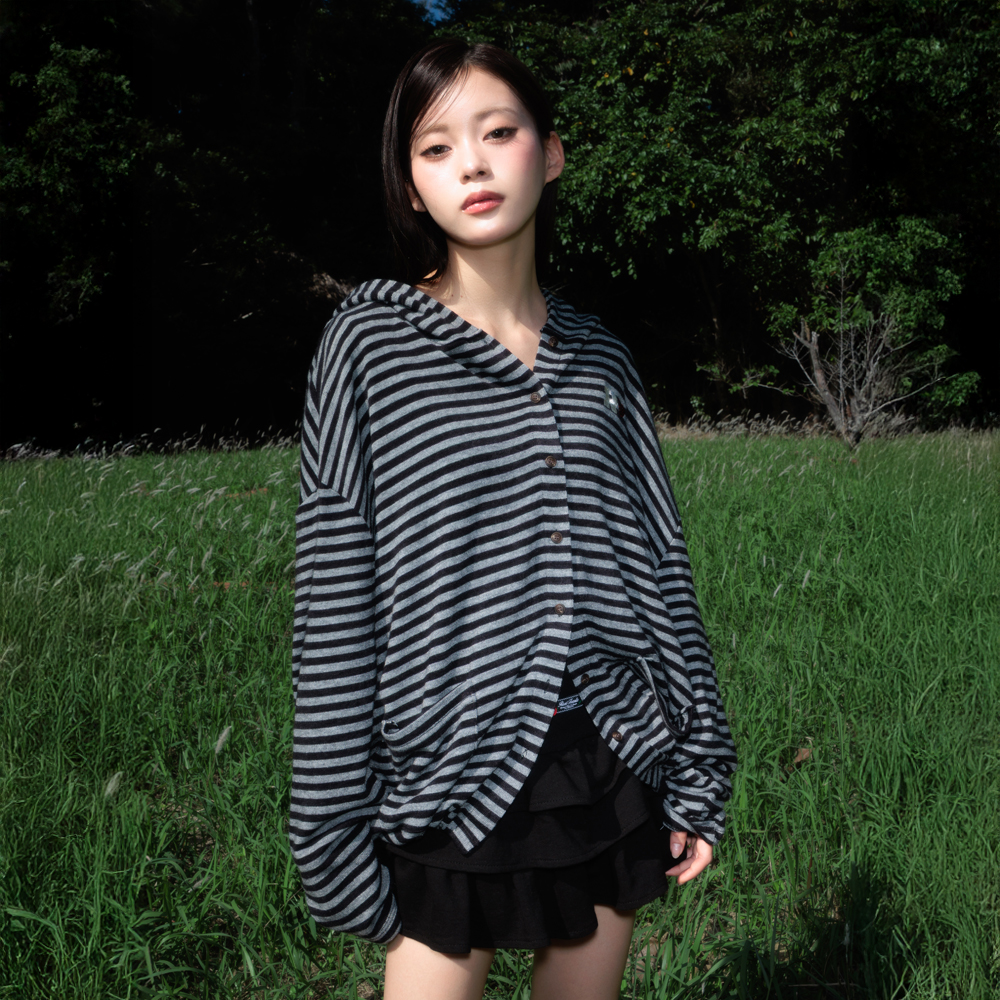 로제프란츠 스트라이프 하트 후드 가디건 블랙(Rosefrantz Stripe Heart Hood Cardigan [Black]) - 6