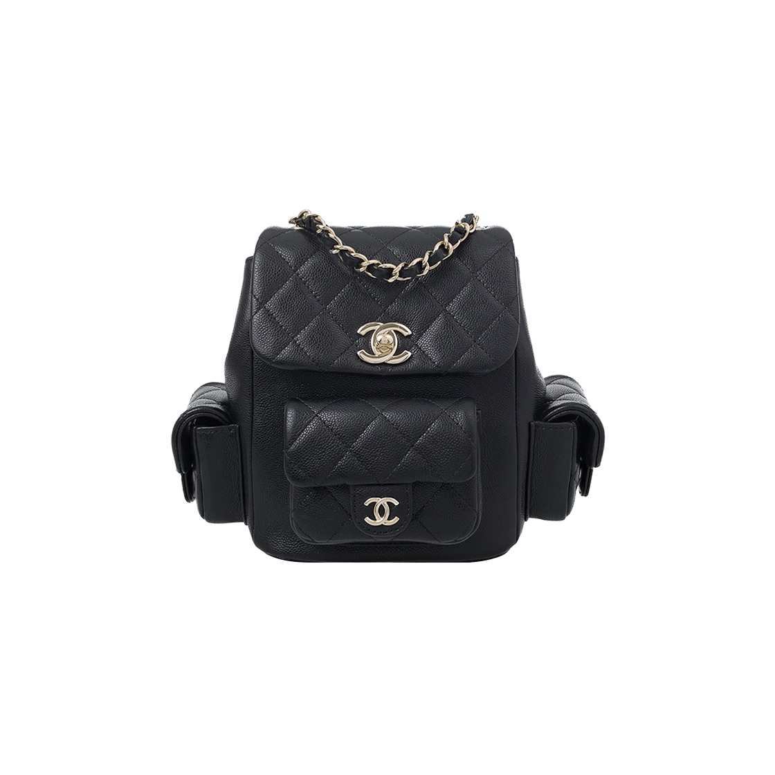 ITNJ8C59FKAV Chanel Three-Pocket Duma Backpack in Black Champagne Gold Caviar