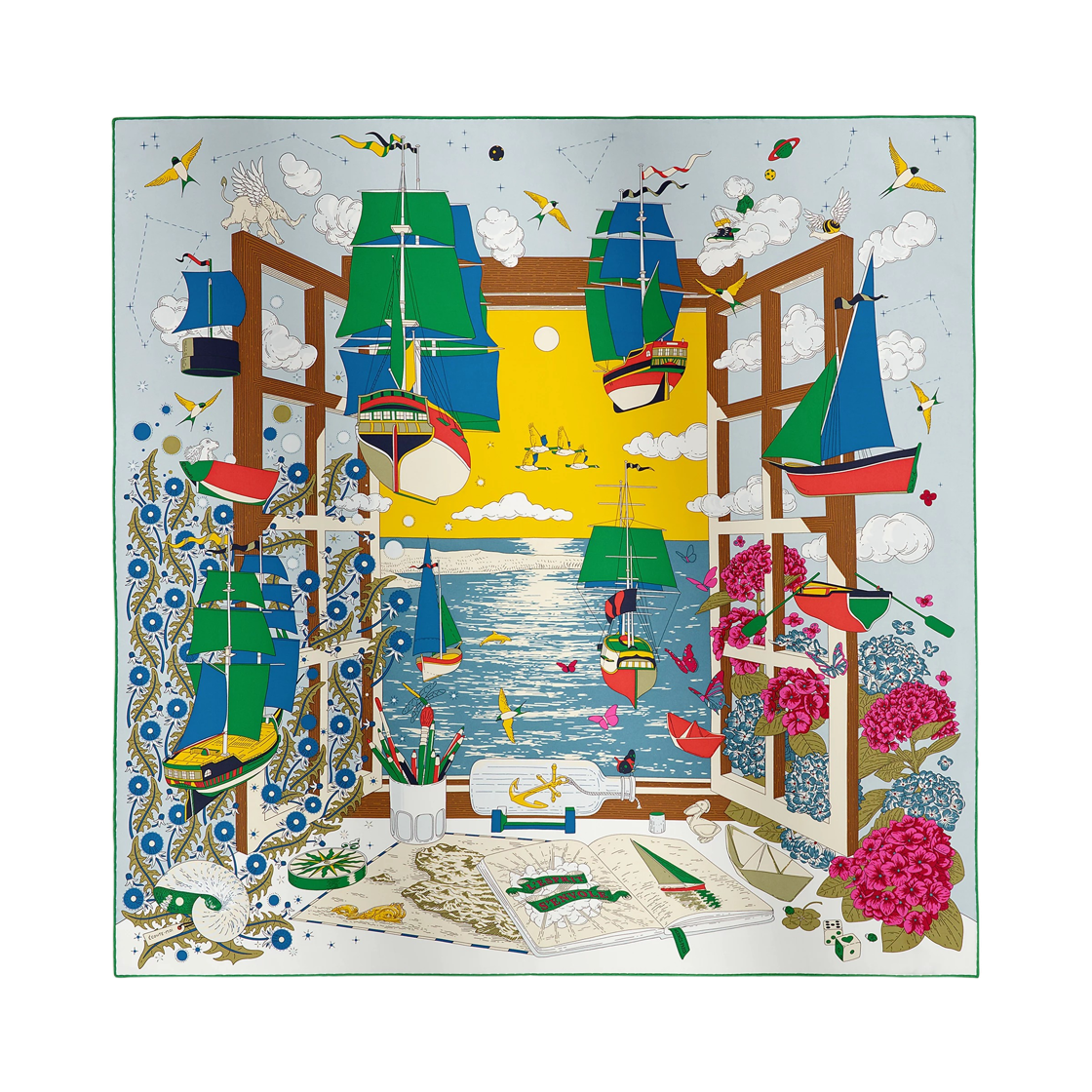 H004300S06 (W) Hermes L'Esprit S'Envole Scarf 90 Silk Twill & Bleu Jaune Vif Multicolore