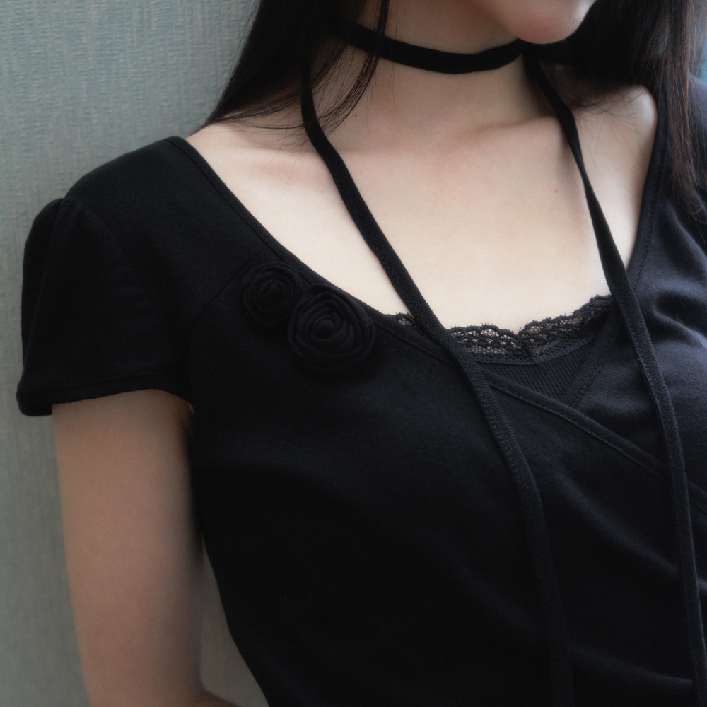 로제프란츠 코사지 셔링 타이 티셔츠 블랙(Rosefrantz Corsage Shirring Tie T-shirt [Black]) - 6
