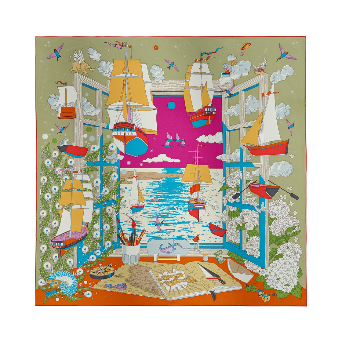 H004300S09 (W) Hermes L'Esprit S'Envole Scarf 90 Silk Twill & Kaki Clair Fuchsia Multicolore