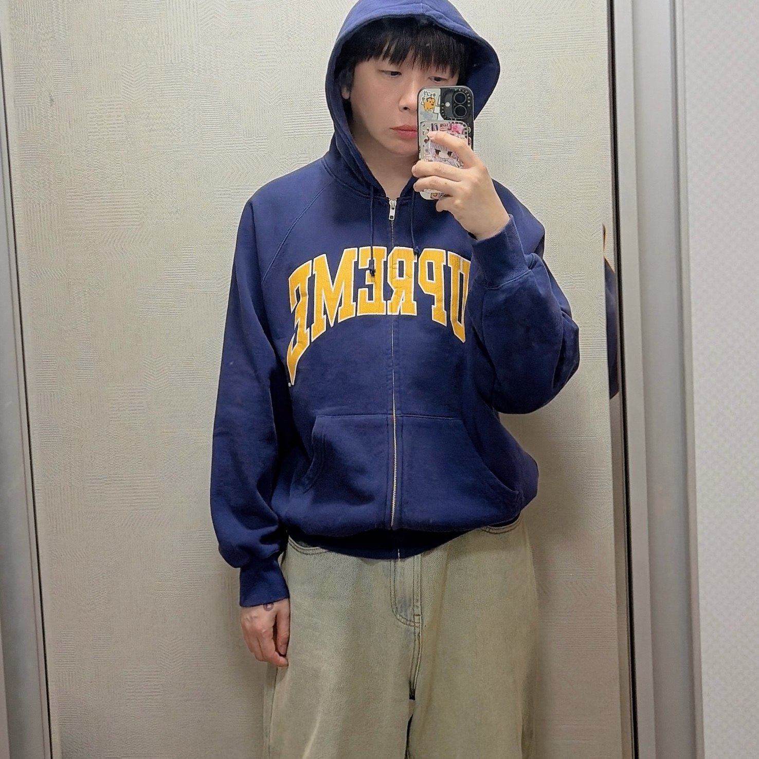 Supreme Cracked Raglan Zip Up Hooded Sweatshirt Washed Navy - 26SS 착용 스타일 - 1
