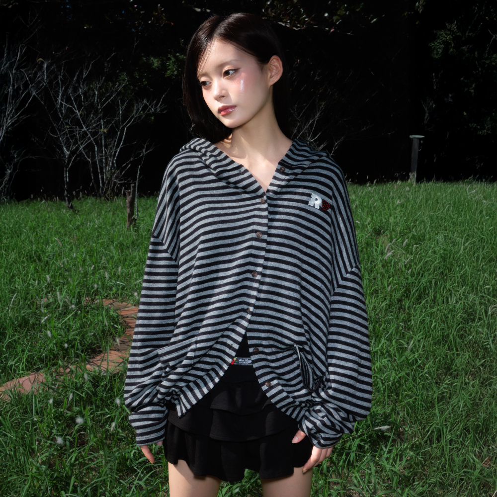 로제프란츠 스트라이프 하트 후드 가디건 블랙(Rosefrantz Stripe Heart Hood Cardigan [Black]) - 5
