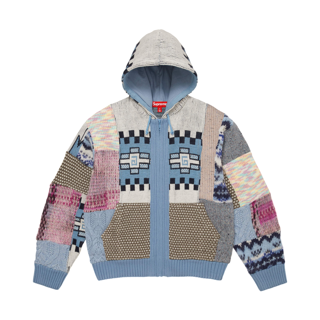 - Supreme Patchwork Zip Up Hooded Sweater Light Blue - 26SS
