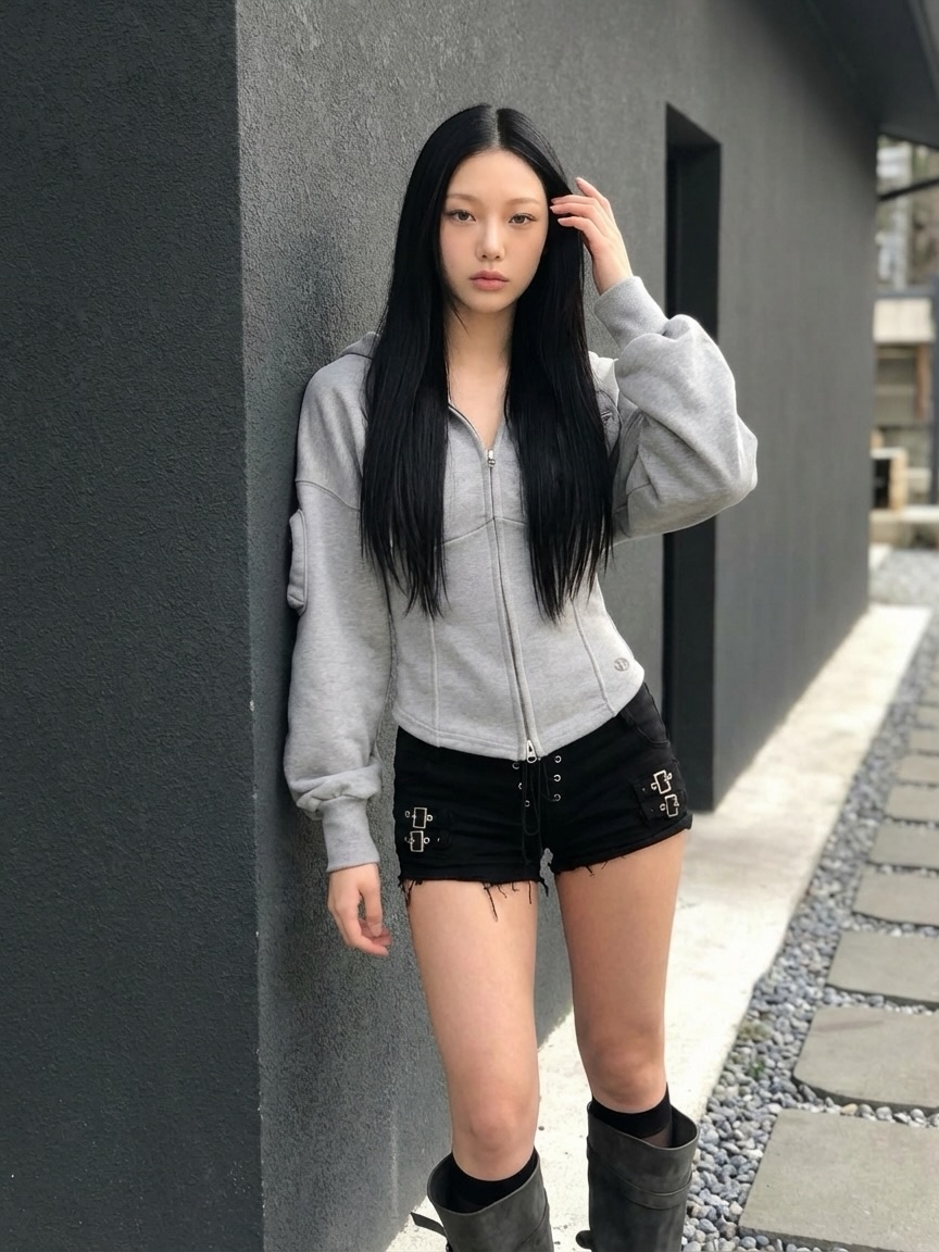 VOONT Jenny Corset Hood Zip-Up (GRAY), VOONT Eyelet Buckle Micro Shorts (BLACK) 착용 스타일 - 2