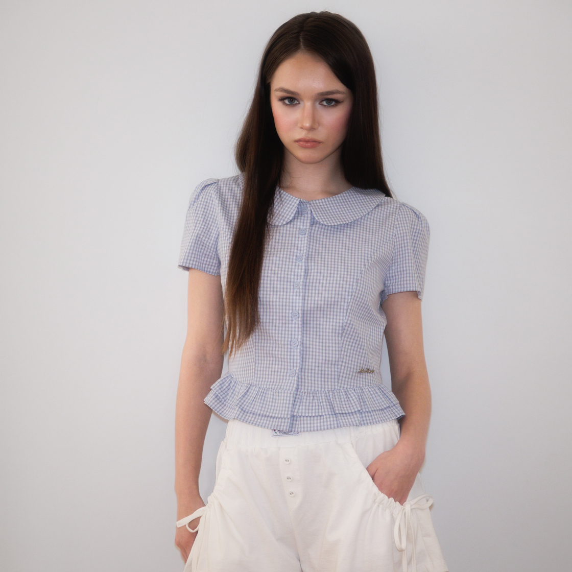 로제프란츠퍼프 슬리브 페플럼 체크 블라우스 스카이블루(Rosefrantz Puff Sleeve Peplum Check Blouse [Sky Blue]) - 5