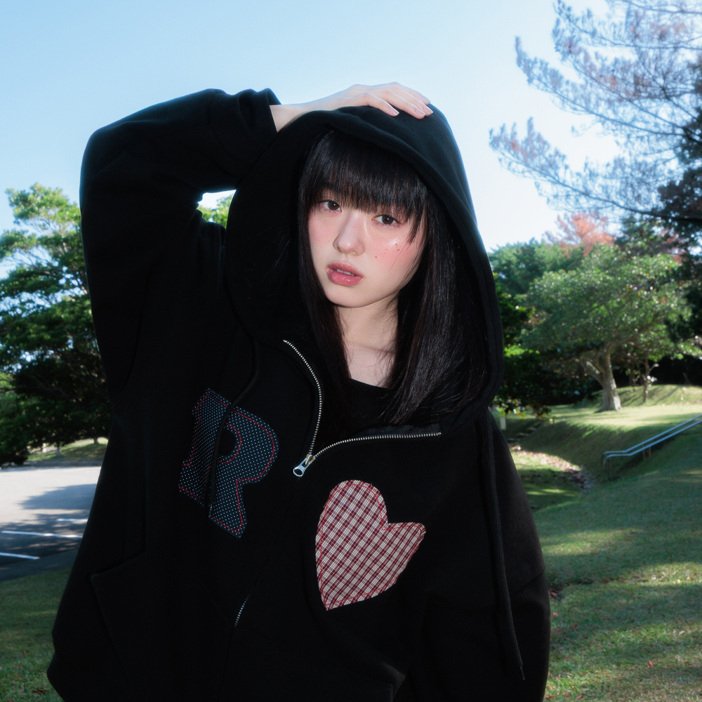 로제프란츠 하트 체크 오버핏 후드 집업 블랙(Rosefrantz Heart Check Overfit Hood Zip-Up [Black]) - 5
