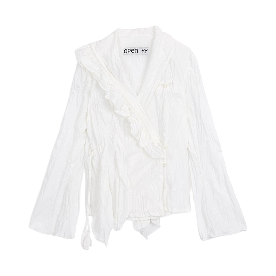 (W) 오픈 Yy 언밸런스드 러플 블라우스 화이트((W) Open Yy Unbalanced Ruffle Blouse White)