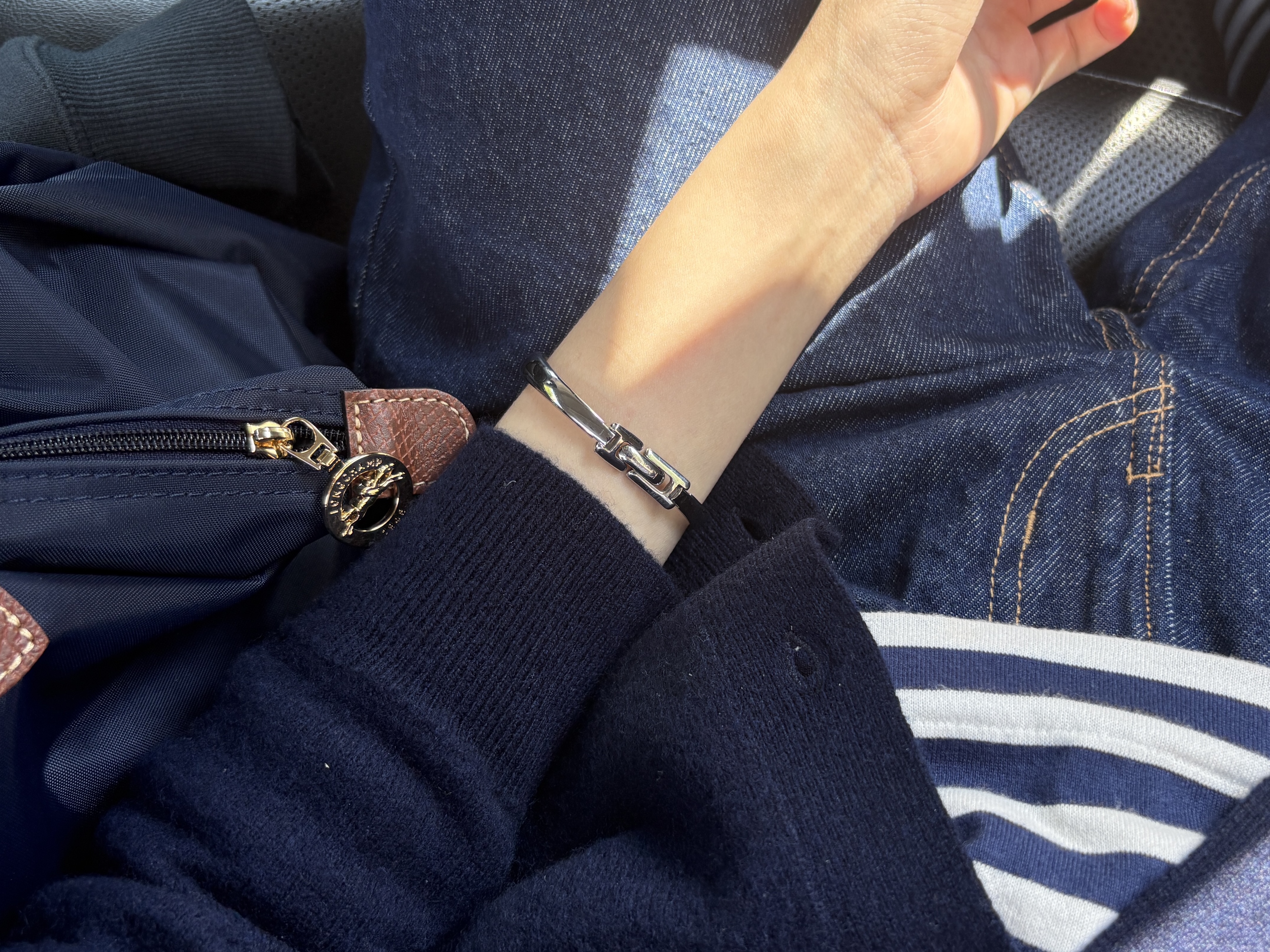 Play Comme des Garcons Double Heart Striped LS T-Shirt Navy White, Play Comme des Garcons Double Heart Cardigan Navy 착용 스타일