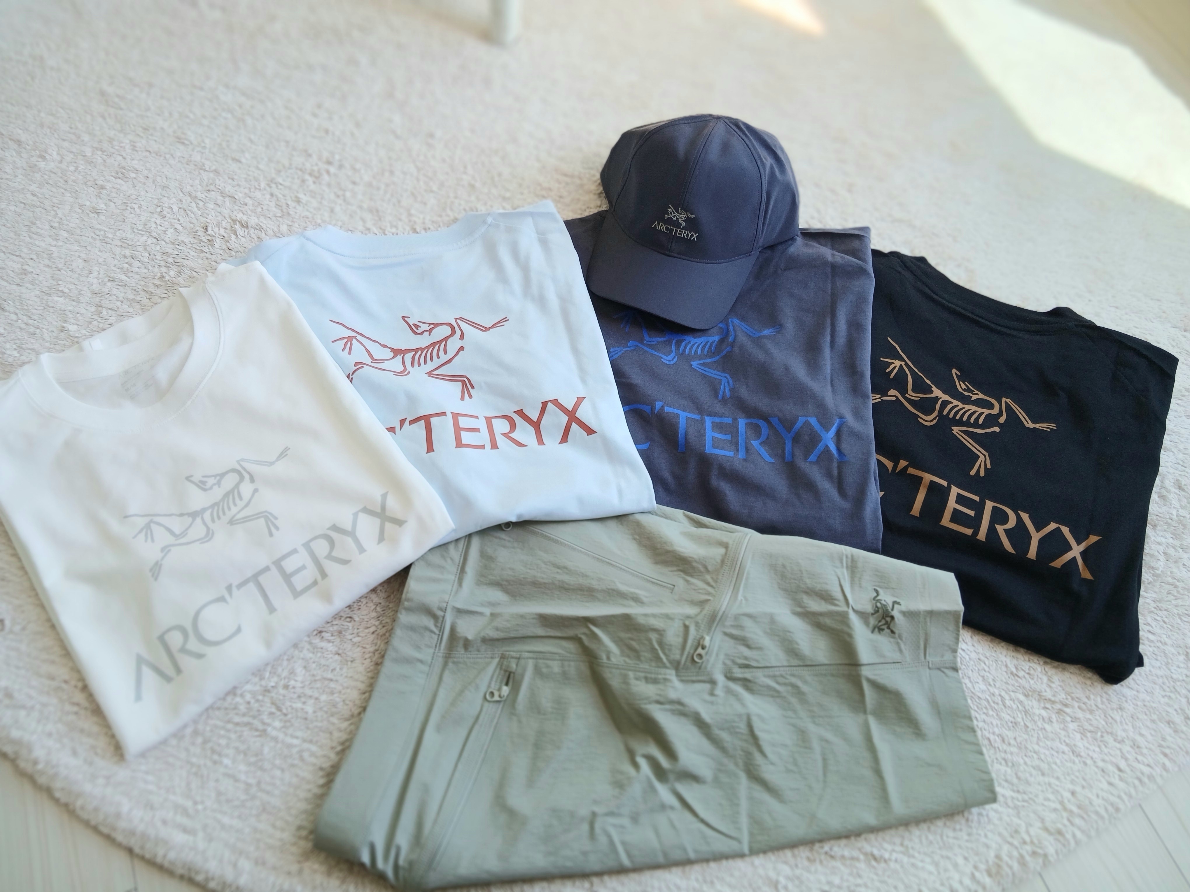 Arc'teryx Arc'word Logo SS T-Shirt White Light Solitude, Arc'teryx Kragg SL Cotton Bird Word SS T-Shirt 24K Black 착용 스타일 - 2