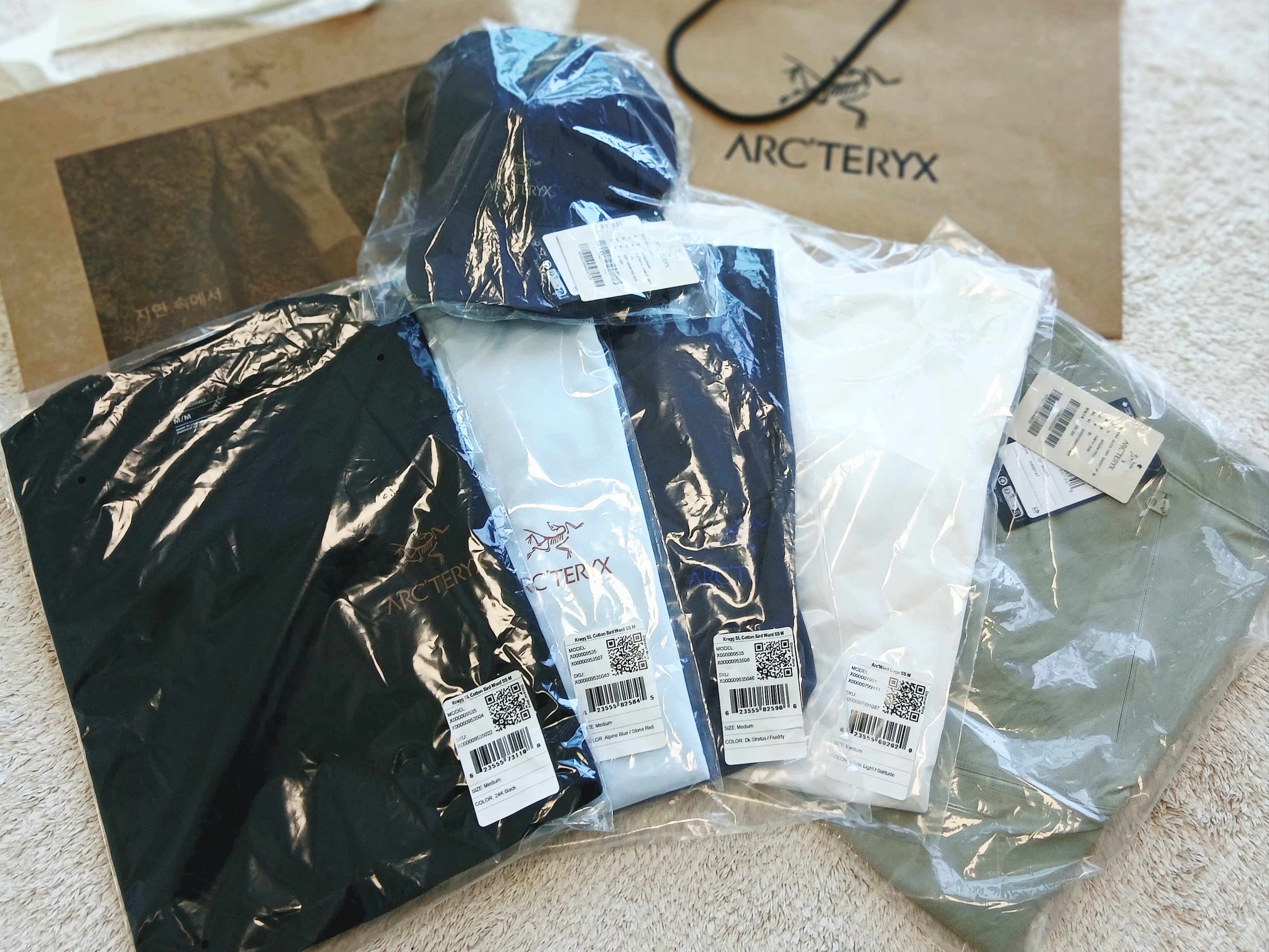 Arc'teryx Arc'word Logo SS T-Shirt White Light Solitude, Arc'teryx Kragg SL Cotton Bird Word SS T-Shirt 24K Black 착용 스타일 - 3