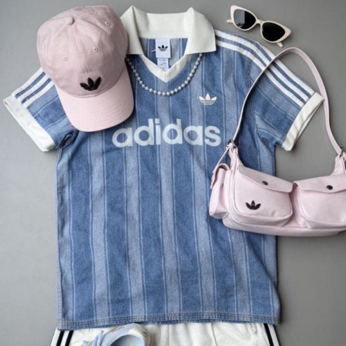 (W) Adidas Originals Denim Football Jersey Indigo Denim - KR Sizing 착용 스타일