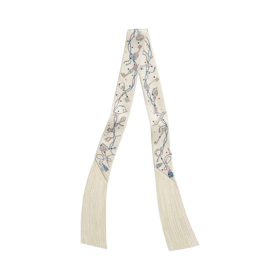 H853871S15 (W) Hermes Les Cles a Pois Leather Fringes Twilly Creme Gris Perle Multicolore