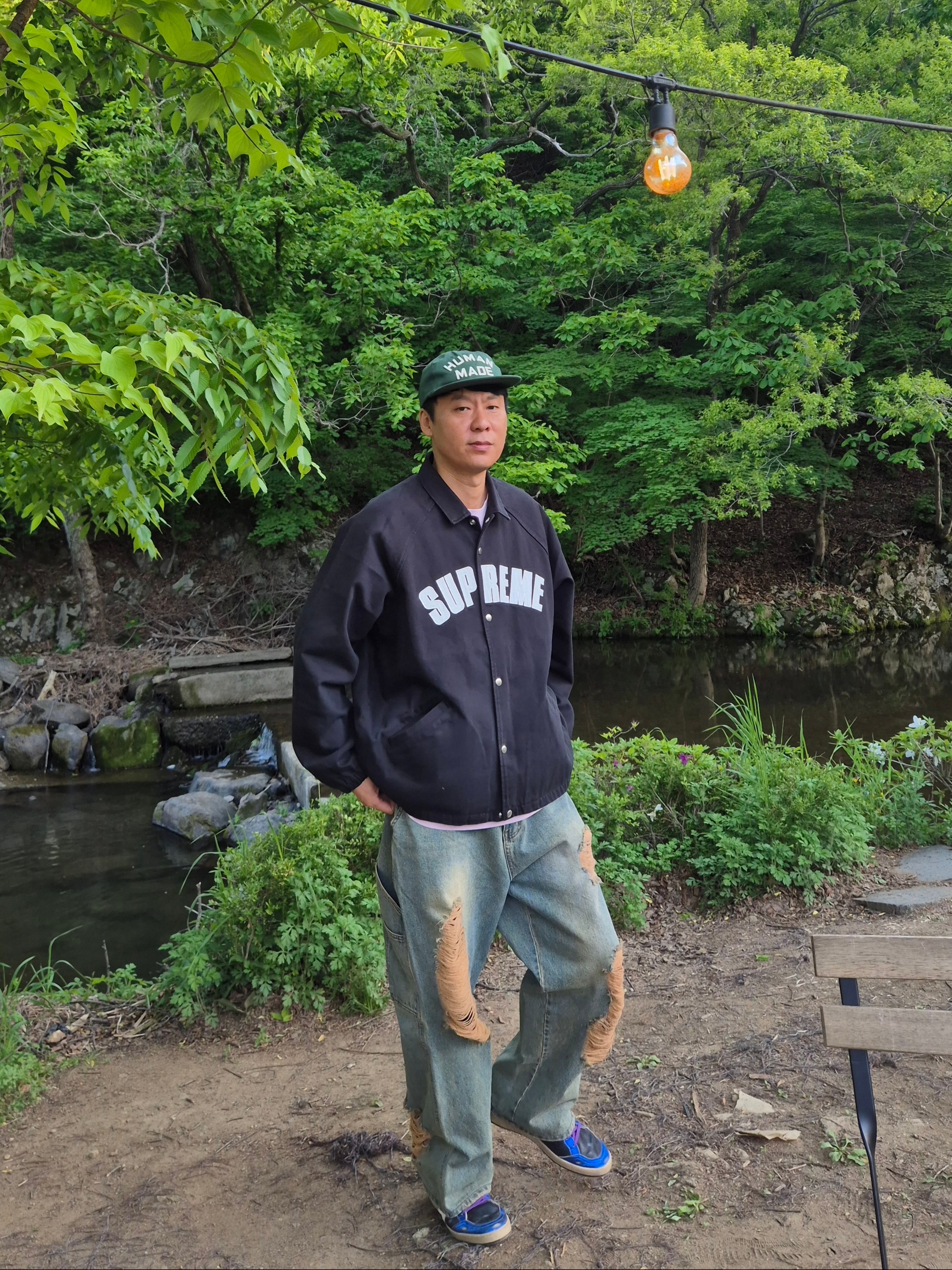 Supreme Arc Denim Coaches Jacket Black - 25SS, Human Made Baseball Cap Green 착용 스타일 - 1