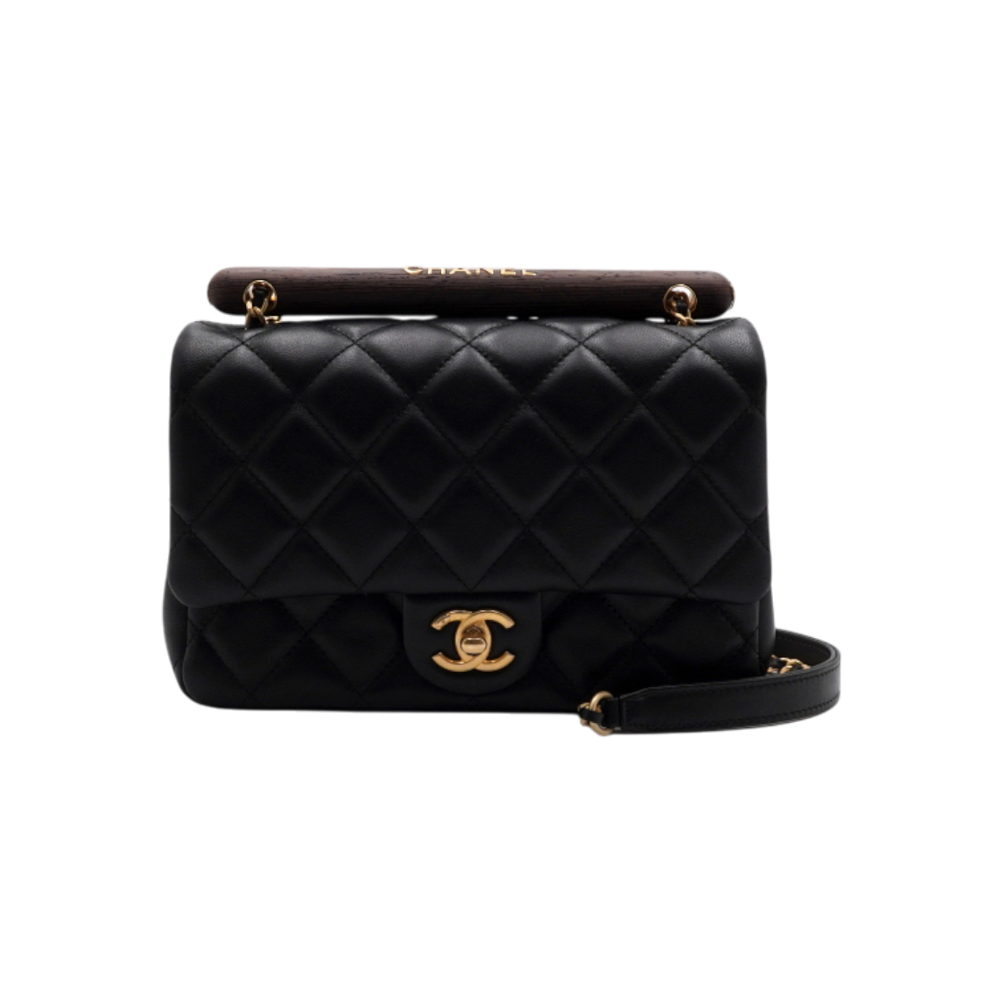 IT5HTISKRS55 Chanel Black Lambskin CC Wood Handle Gold Chain Tote & Shoulder Bag Crossbody