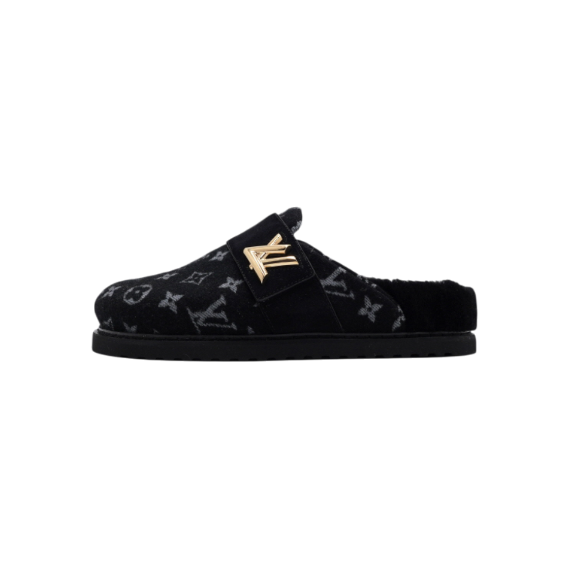 ITPQL5EVIPL9 Louis Vuitton LV Cozy Flat Comfort Black Clog Shearling Mule Slippers