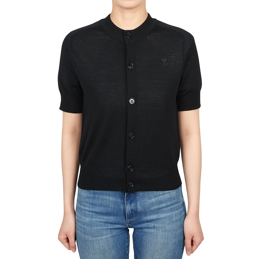 [15% 쿠폰] 아미 블랙 울 숏슬리브 아미 드 하트 가디건 블랙([15% 쿠폰] AMI Black Wool Short Sleeves Ami De Coeur Cardigan Black) - 2