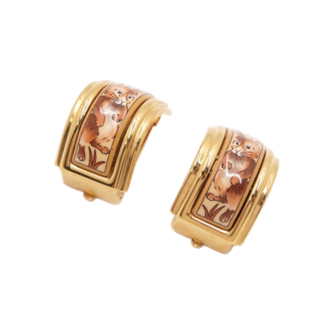 ITIGR8MNP5TN Hermes Enamel Rabbit Print Gold Clip-On Earrings