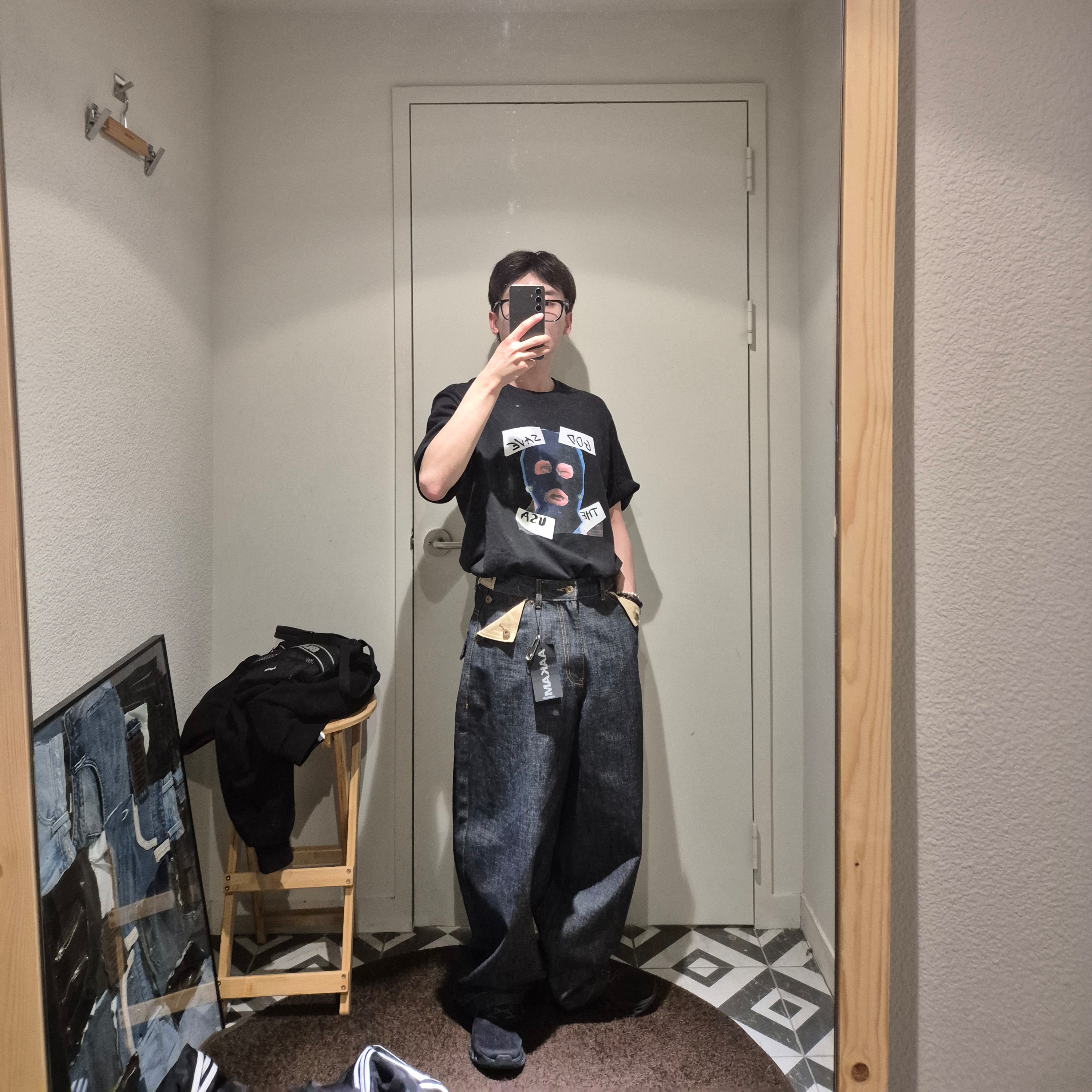 Supreme God Save Us T-Shirt Black - 26SS, Adidas x BAPE Jacquard Pants Black - KR Sizing 착용 스타일 - 8