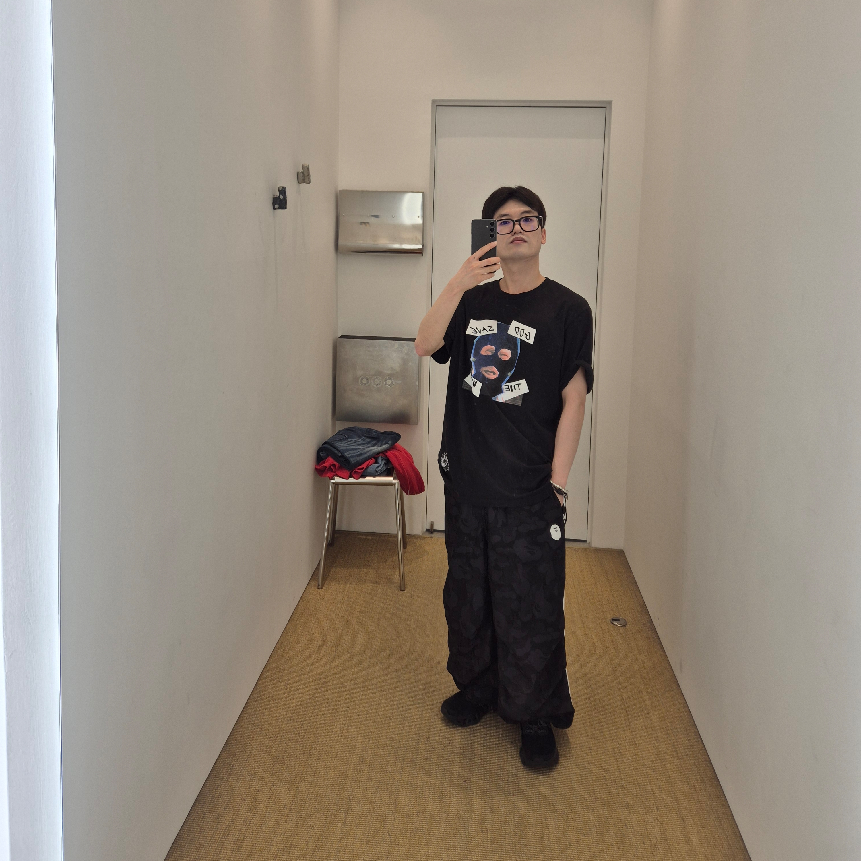 Supreme God Save Us T-Shirt Black - 26SS, Adidas x BAPE Jacquard Pants Black - KR Sizing 착용 스타일 - 3