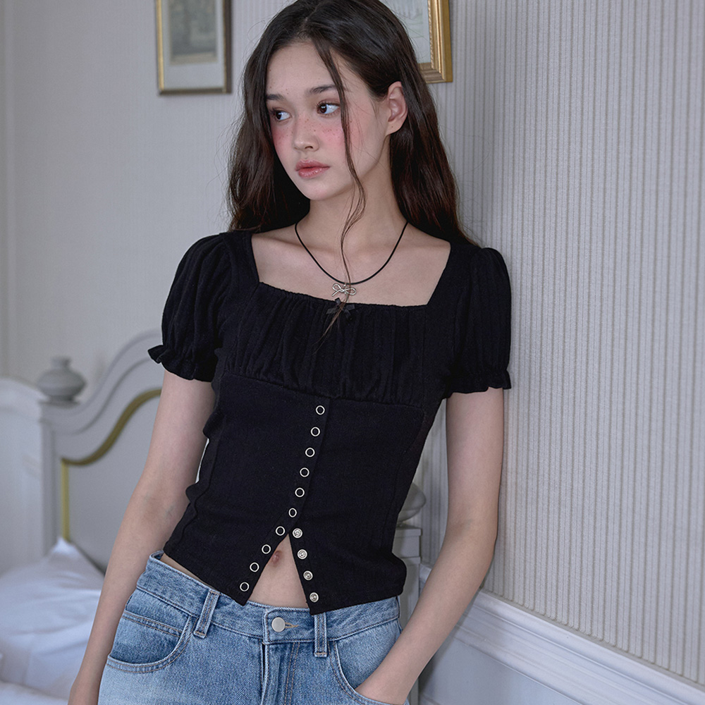 로제프란츠 퍼프 셔링 리본 티셔츠 블랙(Rosefrantz Puff Shirring Ribbon T-shirt [Black]) - 2