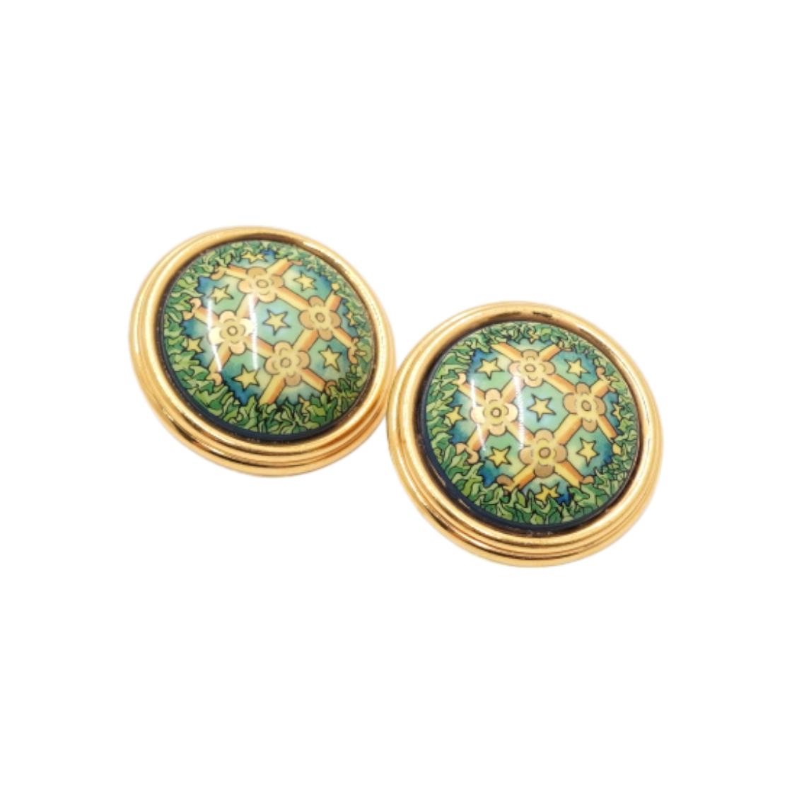 ITDM9U7JJ74E Hermes Green Enamel Boucle Print Gold Clip-On Earrings