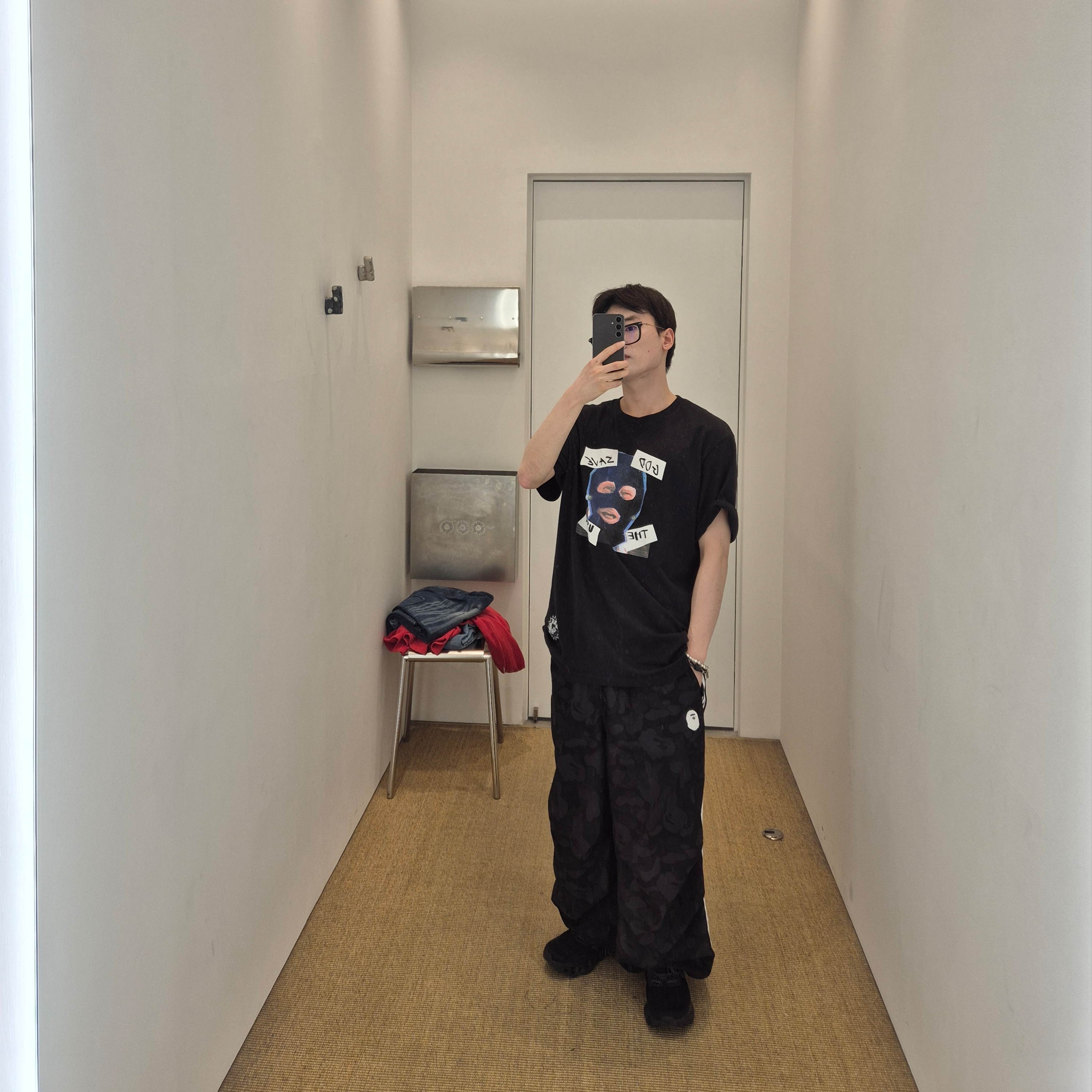Supreme God Save Us T-Shirt Black - 26SS, Adidas x BAPE Jacquard Pants Black - KR Sizing 착용 스타일 - 1