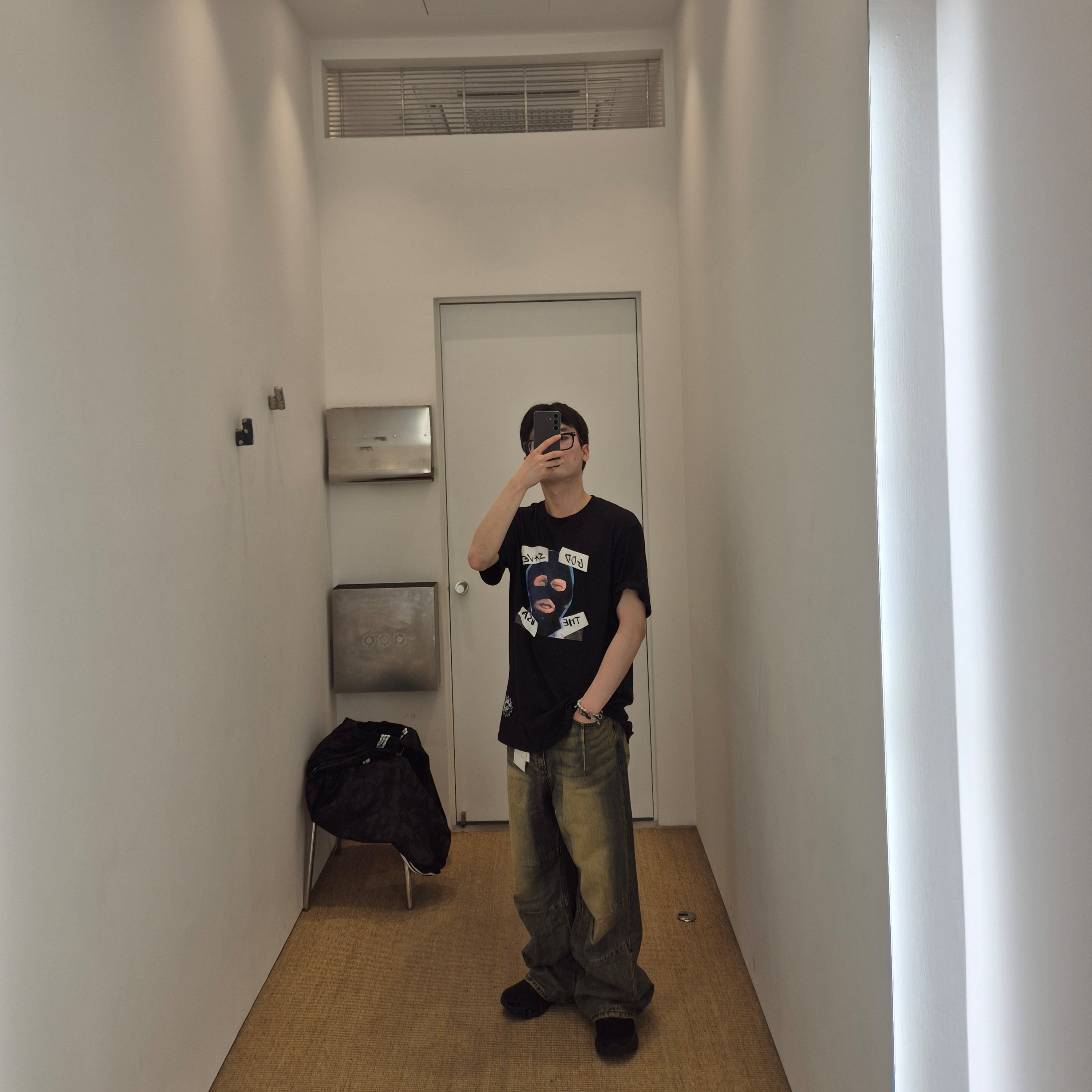 Supreme God Save Us T-Shirt Black - 26SS, Adidas x BAPE Jacquard Pants Black - KR Sizing 착용 스타일 - 4