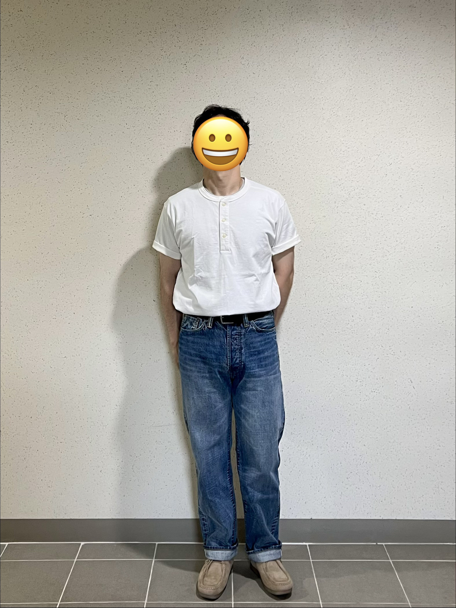 Outstanding 40S Selvedge Straight Pants Light Blue, GU Moccasin Shoes Beige 착용 스타일 - 2